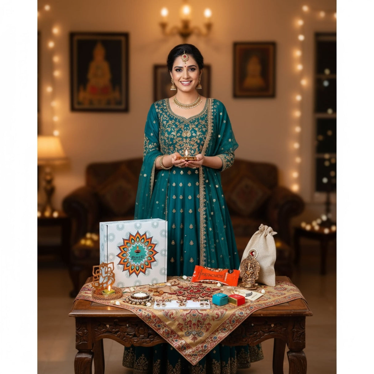 Young woman in teal embroidered Indian dress holding lit Diya for Diwali celebration