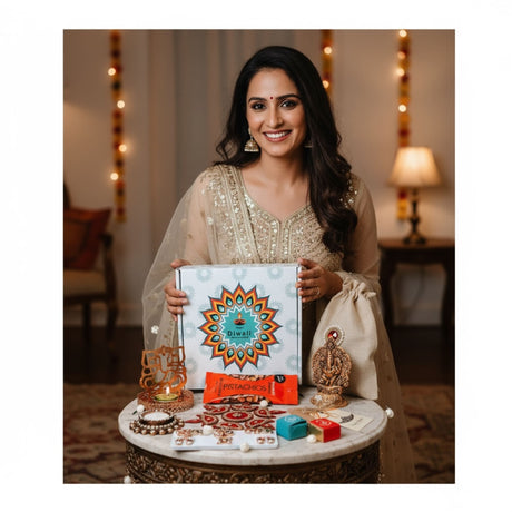 Woman in traditional Indian attire holding a colorful Diwali gift box for festival celebrations
