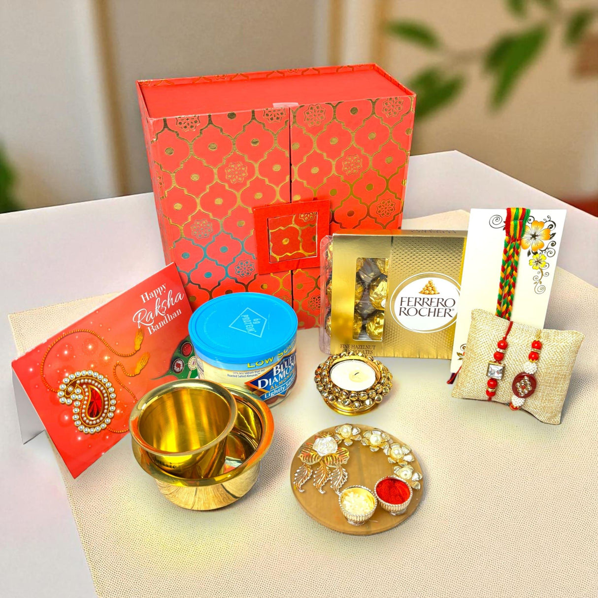 Rakhi Gift Hamper for Brother 5PC Rakhi with Coffee Cup Candle Holder Haldi Kumkum Holder Roli Chawal Rakshabandhan Card Chocolate with Premium Gift Box - Bhai Bhabhi Bracelet Family Hamper - LoveNspire