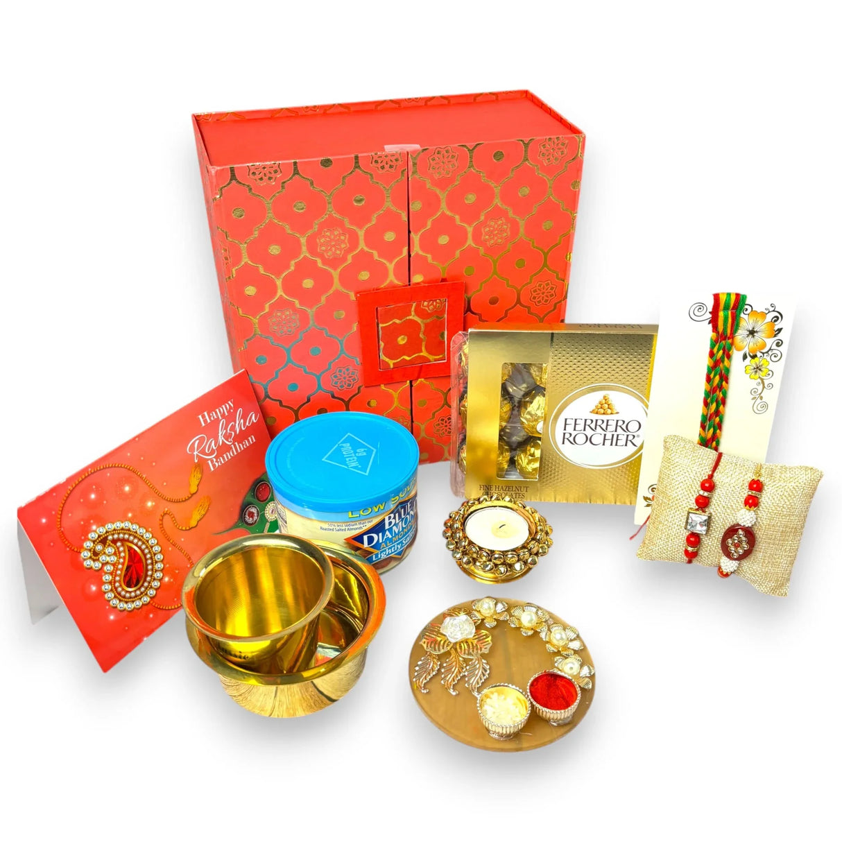 Rakhi Gift Hamper for Brother 5PC Rakhi with Coffee Cup Candle Holder Haldi Kumkum Holder Roli Chawal Rakshabandhan Card Chocolate with Premium Gift Box - Bhai Bhabhi Bracelet Family Hamper - LoveNspire