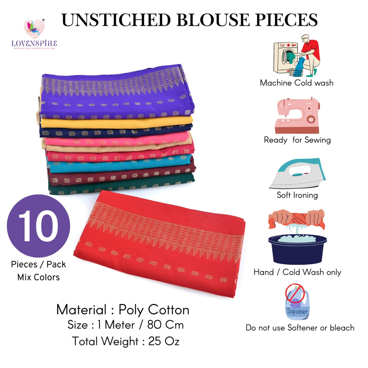 Colorful stack of unstitched blouse pieces for women in assorted cottonmix fabrics