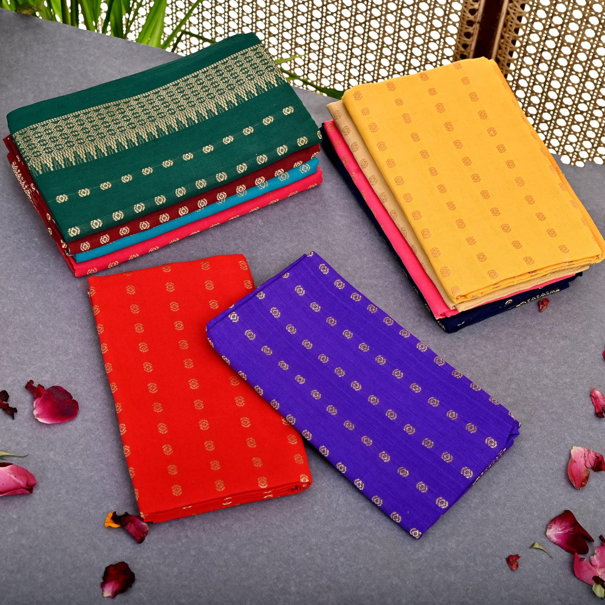 Colorful folded fabric stacks of cottonmix assorted blouse pieces for women Varalakshmi Navratri Puja