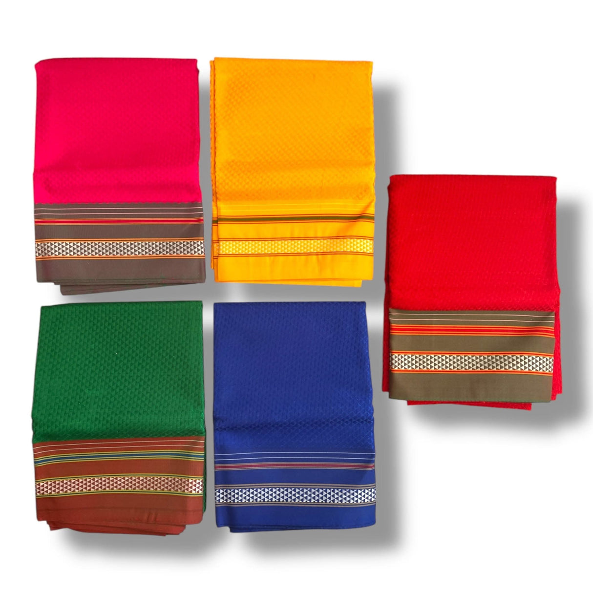 Colorful folded textiles with patterned borders for traditional Khun pure cotton blouse pieces