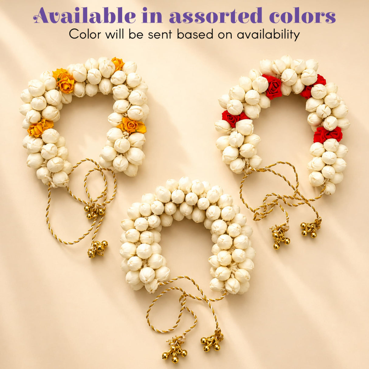 White jasmine flower garlands with small gold bells and yellow or red decorative roses for festive Indian occasions