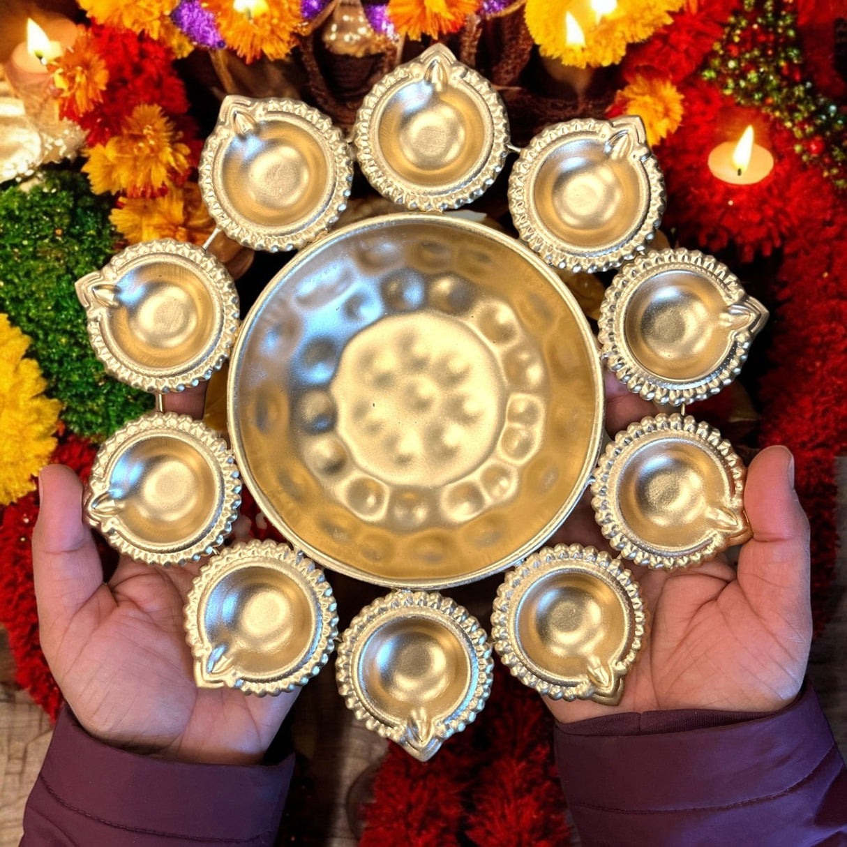 Urli Bowl Brass Finished Diya Shape Flower Decorative Urli Bowl for Floating Flowers Tea Light Candles Home Office Table Decor Diwali Decoration Indian Showpiece Items (10 Diyas) - LoveNspire