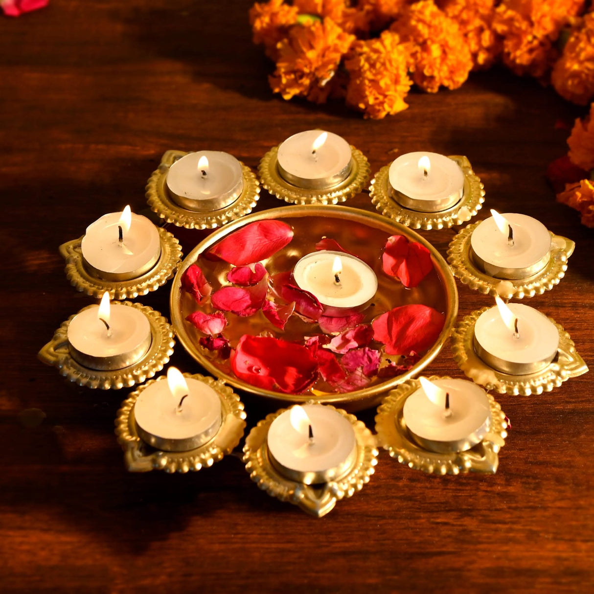 Urli Bowl Brass Finished Diya Shape Flower Decorative Urli Bowl for Floating Flowers Tea Light Candles Home Office Table Decor Diwali Decoration Indian Showpiece Items (10 Diyas) - LoveNspire