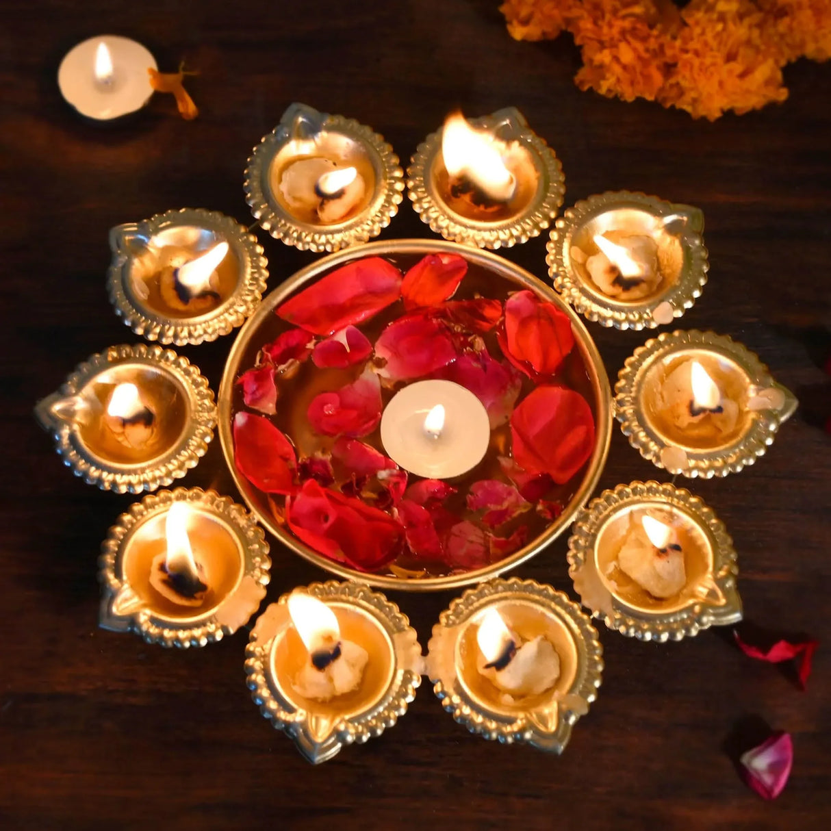 Urli Bowl Brass Finished Diya Shape Flower Decorative Urli Bowl for Floating Flowers Tea Light Candles Home Office Table Decor Diwali Decoration Indian Showpiece Items (10 Diyas) - LoveNspire
