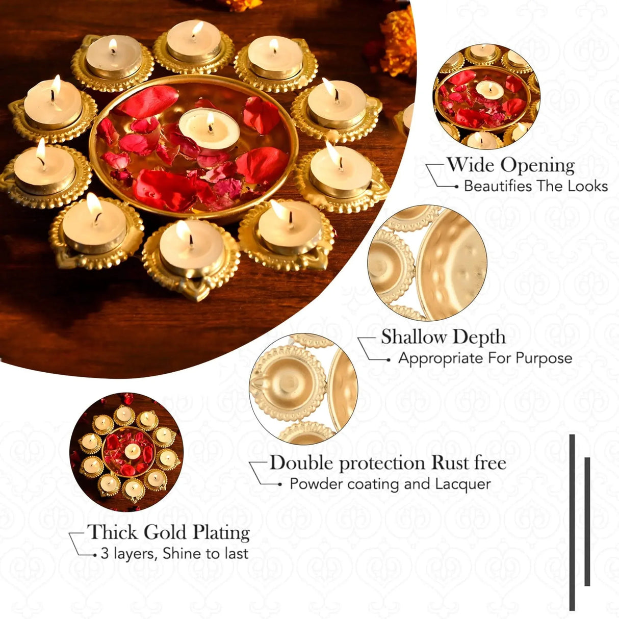 Urli Bowl Brass Finished Diya Shape Flower Decorative Urli Bowl for Floating Flowers Tea Light Candles Home Office Table Decor Diwali Decoration Indian Showpiece Items (10 Diyas) - LoveNspire