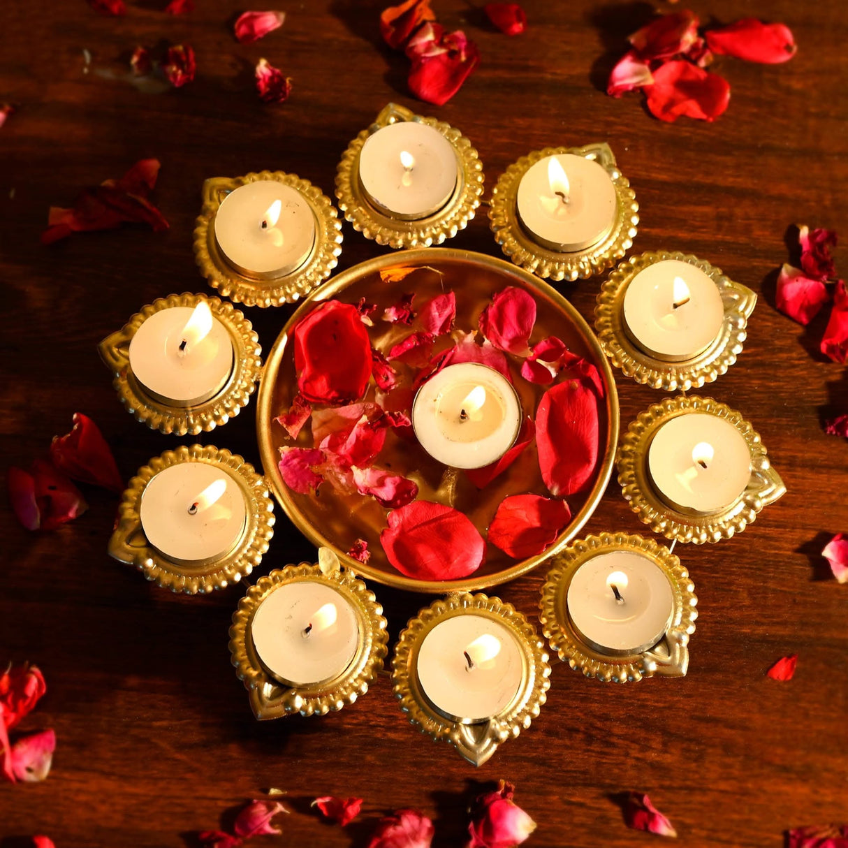Urli Bowl Brass Finished Diya Shape Flower Decorative Urli Bowl for Floating Flowers Tea Light Candles Home Office Table Decor Diwali Decoration Indian Showpiece Items (10 Diyas) - LoveNspire