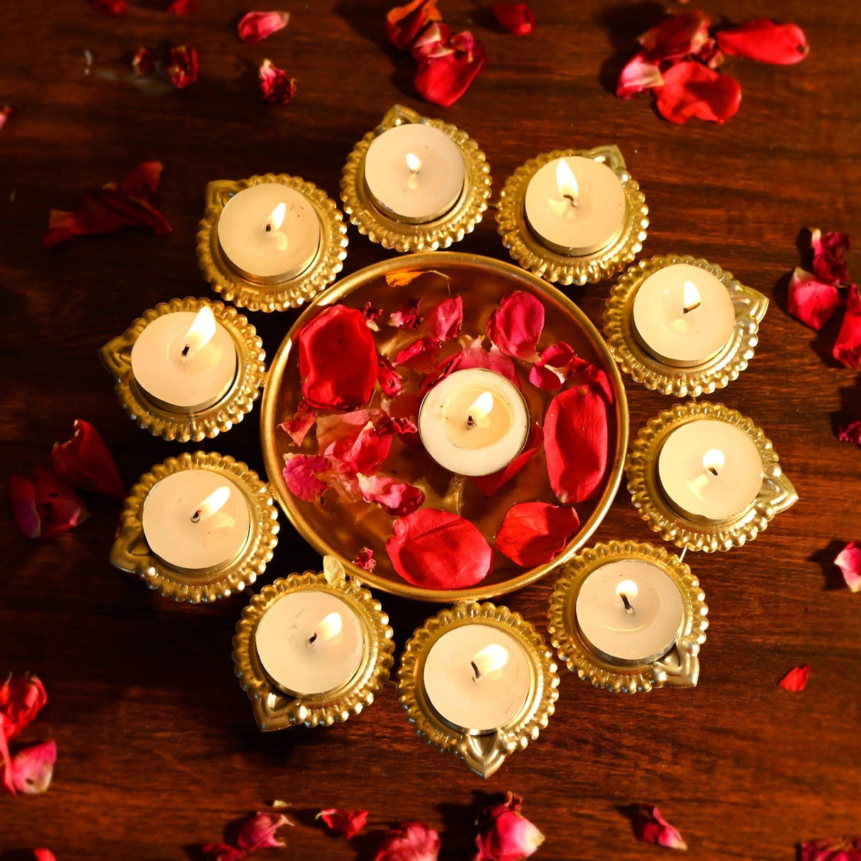 Urli Bowl Brass Finished Diya Shape Flower Decorative Urli Bowl for Floating Flowers Tea Light Candles Home Office Table Decor Diwali Decoration Indian Showpiece Items (10 Diyas) - LoveNspire