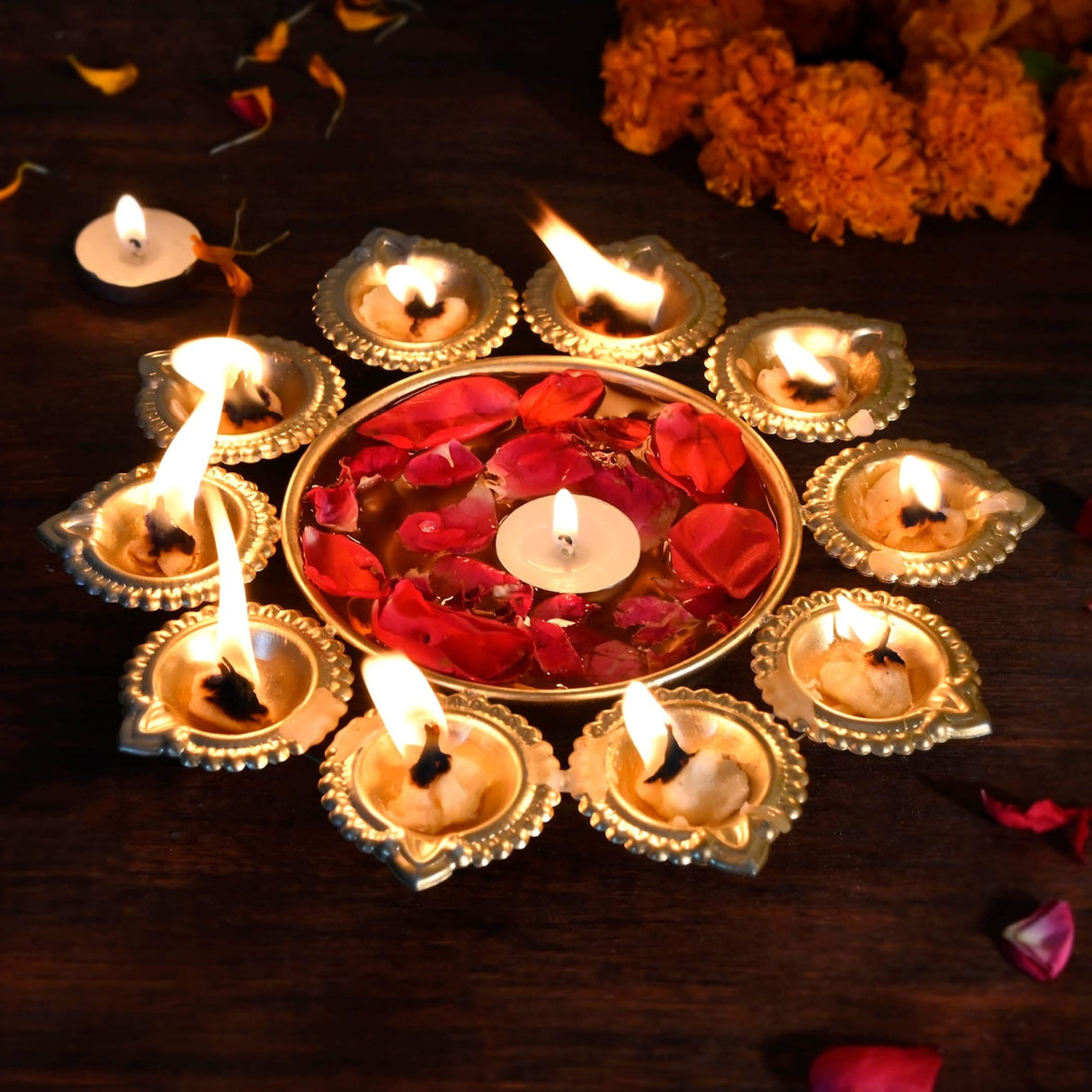 Urli Bowl Brass Finished Diya Shape Flower Decorative Urli Bowl for Floating Flowers Tea Light Candles Home Office Table Decor Diwali Decoration Indian Showpiece Items (10 Diyas) - LoveNspire