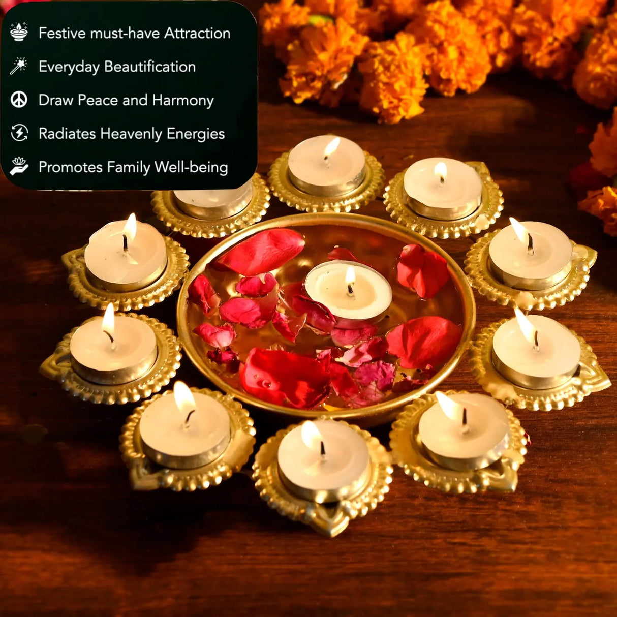 Urli Bowl Brass Finished Diya Shape Flower Decorative Urli Bowl for Floating Flowers Tea Light Candles Home Office Table Decor Diwali Decoration Indian Showpiece Items (10 Diyas) - LoveNspire