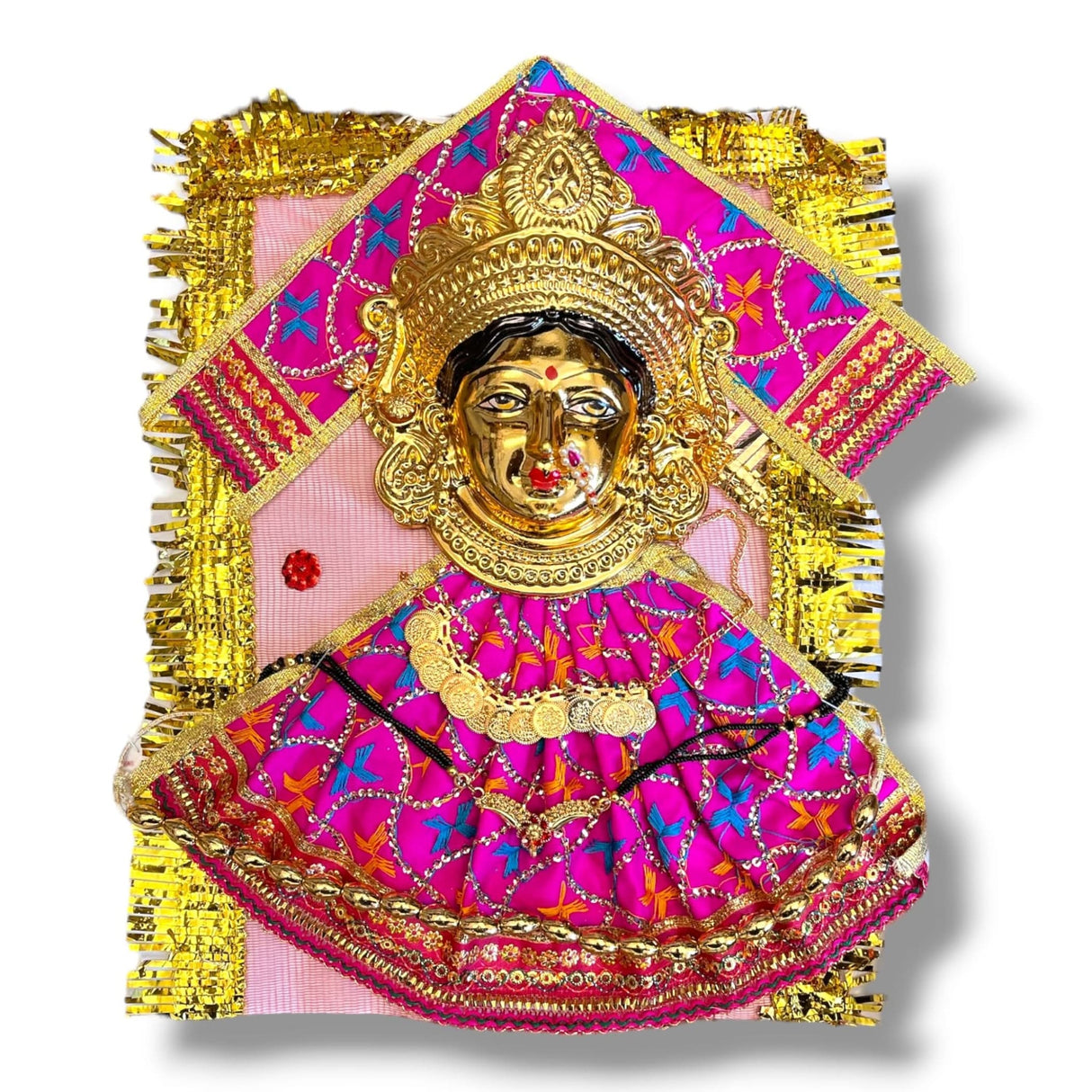 Golden Hindu deity figure wearing pink patterned clothing for Navaratri and Vratha puja