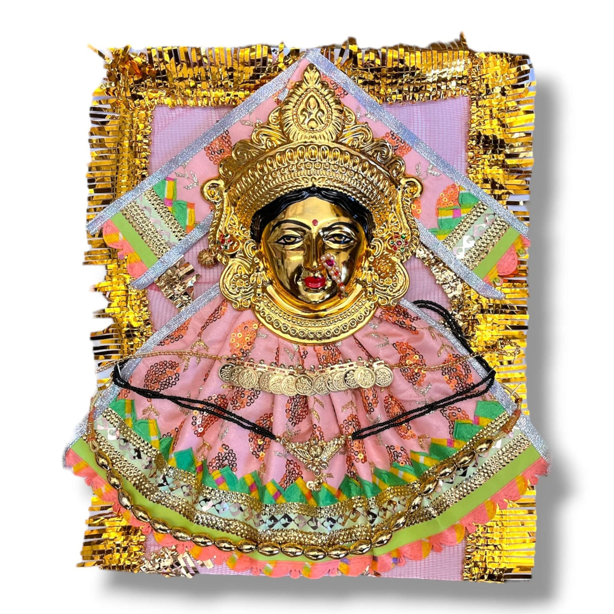 Ornate golden Hindu deity wall hanging showcasing Vara Lakshmi Goddess face with jewelry