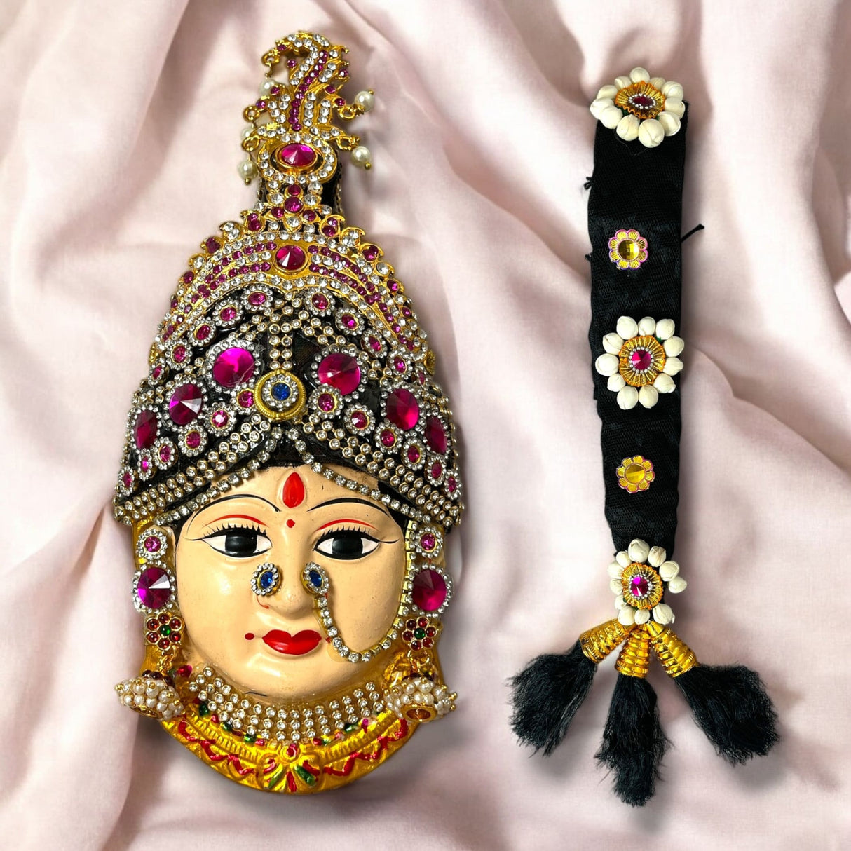 Vara Lakshmi Goddess Face with Hair Set for Varalaxmi Vratam Navaratri Margashirsha Vratha Pooja Hindu Religious Temple Mandir - Devi Mata Mukhota Mahalaxmi Goddess Face - LoveNspire