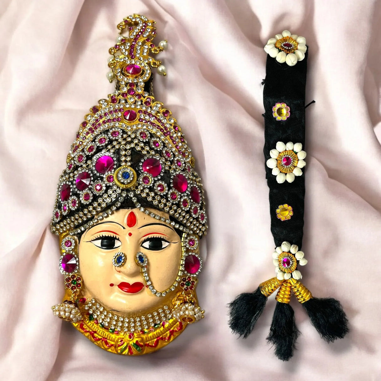 Vara Lakshmi Goddess Face with Hair Set for Varalaxmi Vratam Navaratri Margashirsha Vratha Pooja Hindu Religious Temple Mandir - Devi Mata Mukhota Mahalaxmi Goddess Face - LoveNspire
