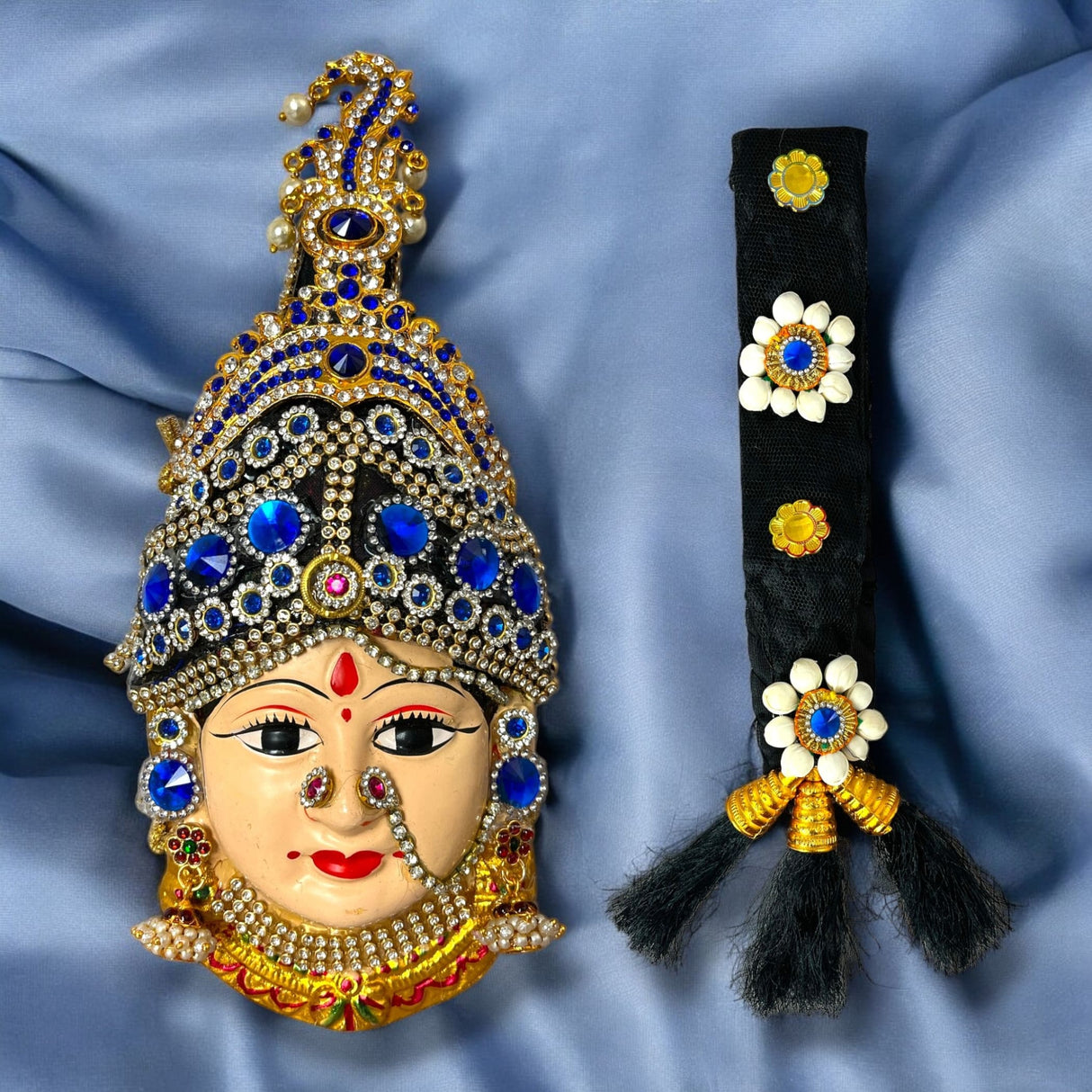 Vara Lakshmi Goddess Face with Hair Set for Varalaxmi Vratam Navaratri Margashirsha Vratha Pooja Hindu Religious Temple Mandir - Devi Mata Mukhota Mahalaxmi Goddess Face - LoveNspire