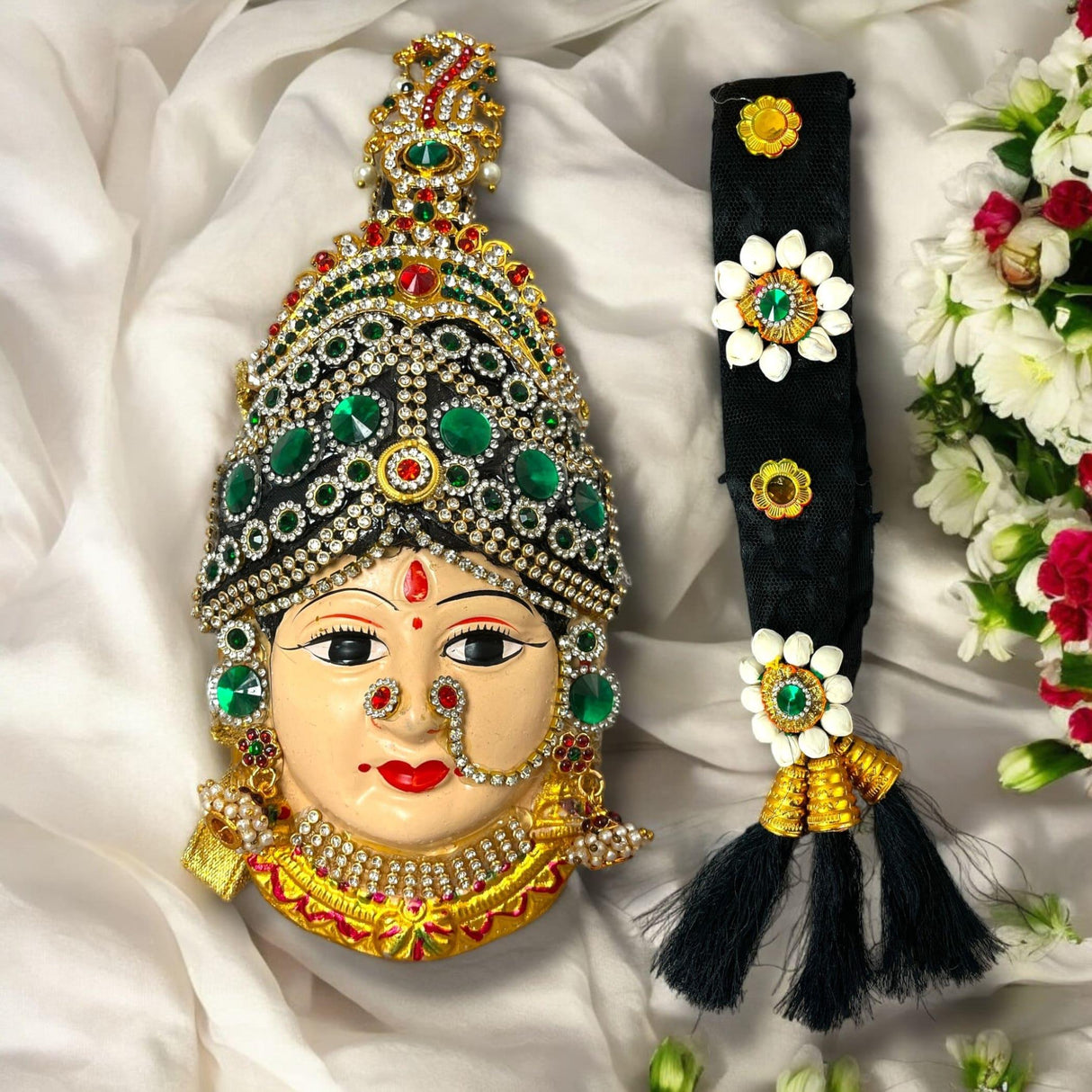 Vara Lakshmi Goddess Face with Hair Set for Varalaxmi Vratam Navaratri Margashirsha Vratha Pooja Hindu Religious Temple Mandir - Devi Mata Mukhota Mahalaxmi Goddess Face - LoveNspire