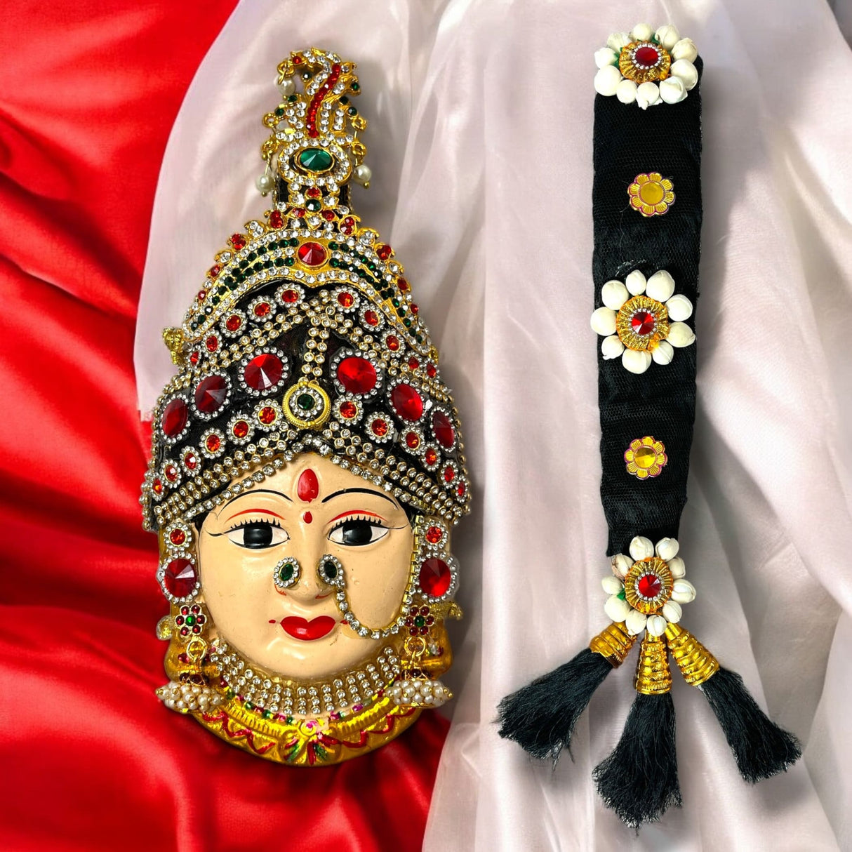 Vara Lakshmi Goddess Face with Hair Set for Varalaxmi Vratam Navaratri Margashirsha Vratha Pooja Hindu Religious Temple Mandir - Devi Mata Mukhota Mahalaxmi Goddess Face - LoveNspire