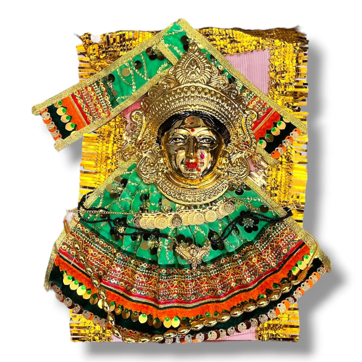 Ornate golden deity figure with colorful fabric for Vara Lakshmi Goddess Face Set Pooja