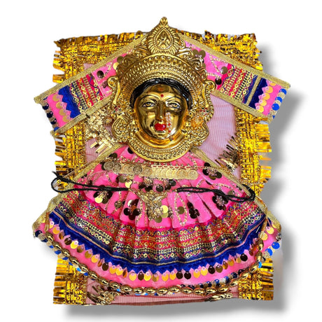 Ornate golden deity face with pink and blue embellishments for Hindu Navaratri rituals