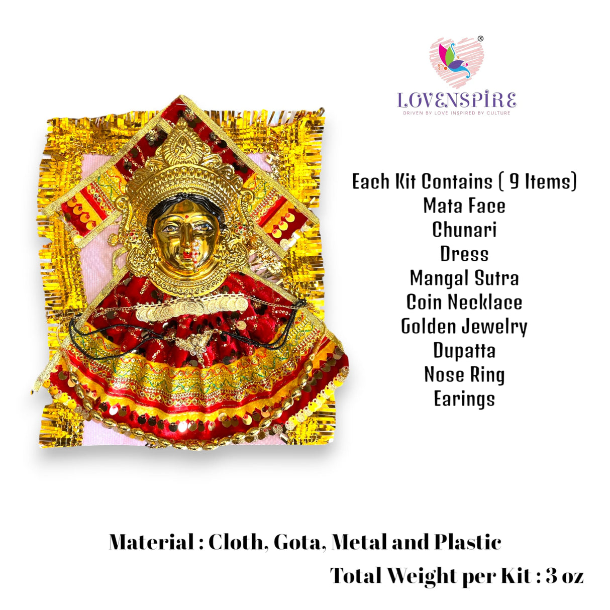 Goddess Mata face with golden jewelry and red dress for Navaratri Vratam Pooja