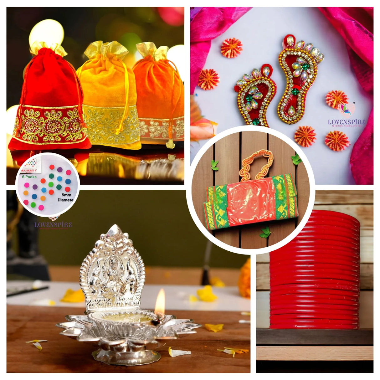 Varalakshmi Vratham Gift Hamper Navaratri Vratha Hindu Religious Teej Karva Chauth Bulk Pooja Housewarming Return Gifts - Potli Bags Haldi Kumkum Pack Diya Bindi Bangle Charan Paduka Feet - LoveNspire