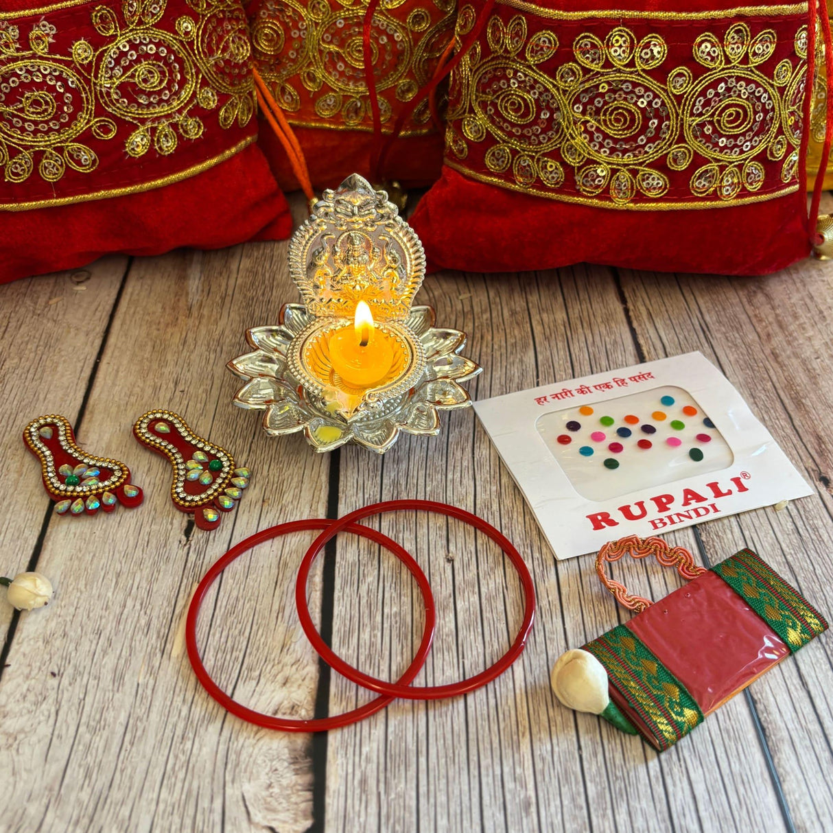 Varalakshmi Vratham Gift Hamper Navaratri Vratha Hindu Religious Teej Karva Chauth Bulk Pooja Housewarming Return Gifts - Potli Bags Haldi Kumkum Pack Diya Bindi Bangle Charan Paduka Feet - LoveNspire