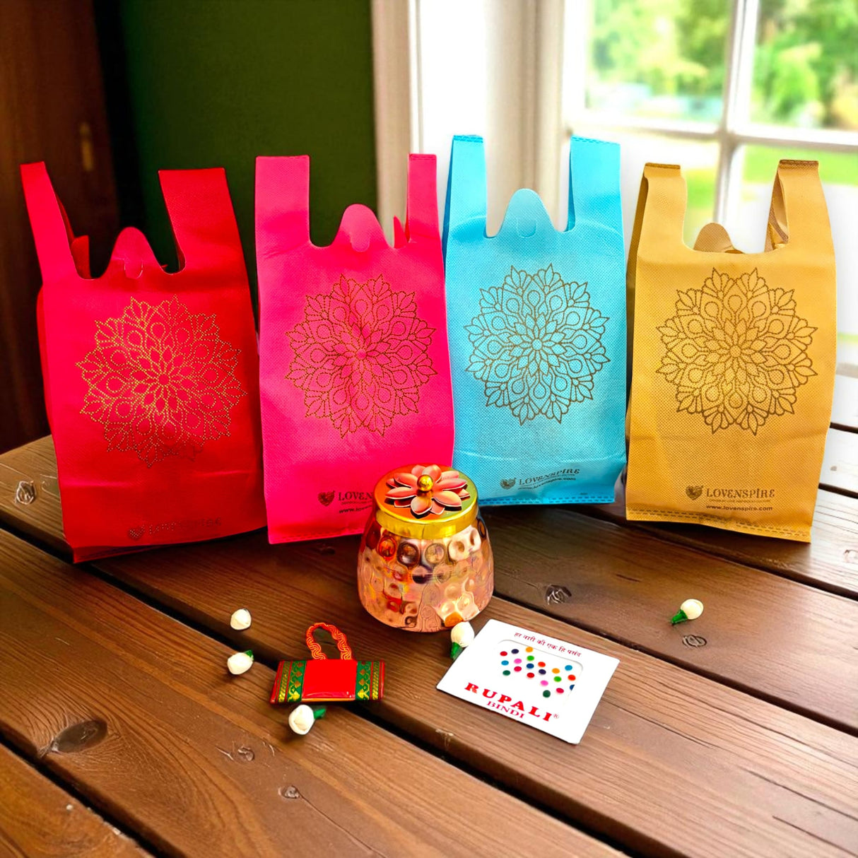 Colorful gift bags with intricate mandala design for Varalakshmi Vratham and Hindu festivals