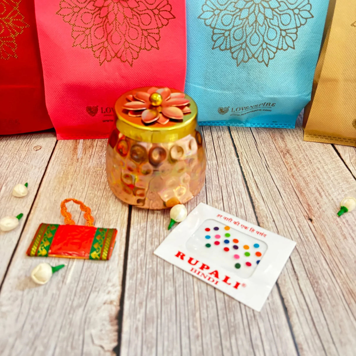 Varalakshmi Vratham Gift Hamper Navaratri Vratha Hindu Religious Teej Karva Chauth Pooja Housewarming Return Gifts - Assorted Bindi Dryfruit Jar Non Woven Carry Bags Haldi Kumkum Packet - LoveNspire