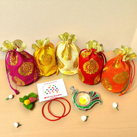 Varalakshmi Vratham Gift Hamper Navaratri Vratha Hindu Religious Teej Karva Chauth Sankranti Pooja Housewarming Return Gifts Potli Bags Haldi Kumkum Bindi Packs Diya Bangle - LoveNspire