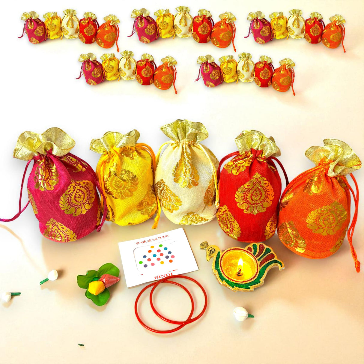 Varalakshmi Vratham Gift Hamper Navaratri Vratha Hindu Religious Teej Karva Chauth Sankranti Pooja Housewarming Return Gifts Potli Bags Haldi Kumkum Bindi Packs Diya Bangle - LoveNspire