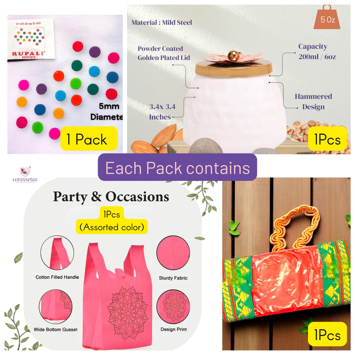 Collage of assorted gift items including bindi, dryfruit jar, mandala, carry bags, and Haldi Kumkum packets