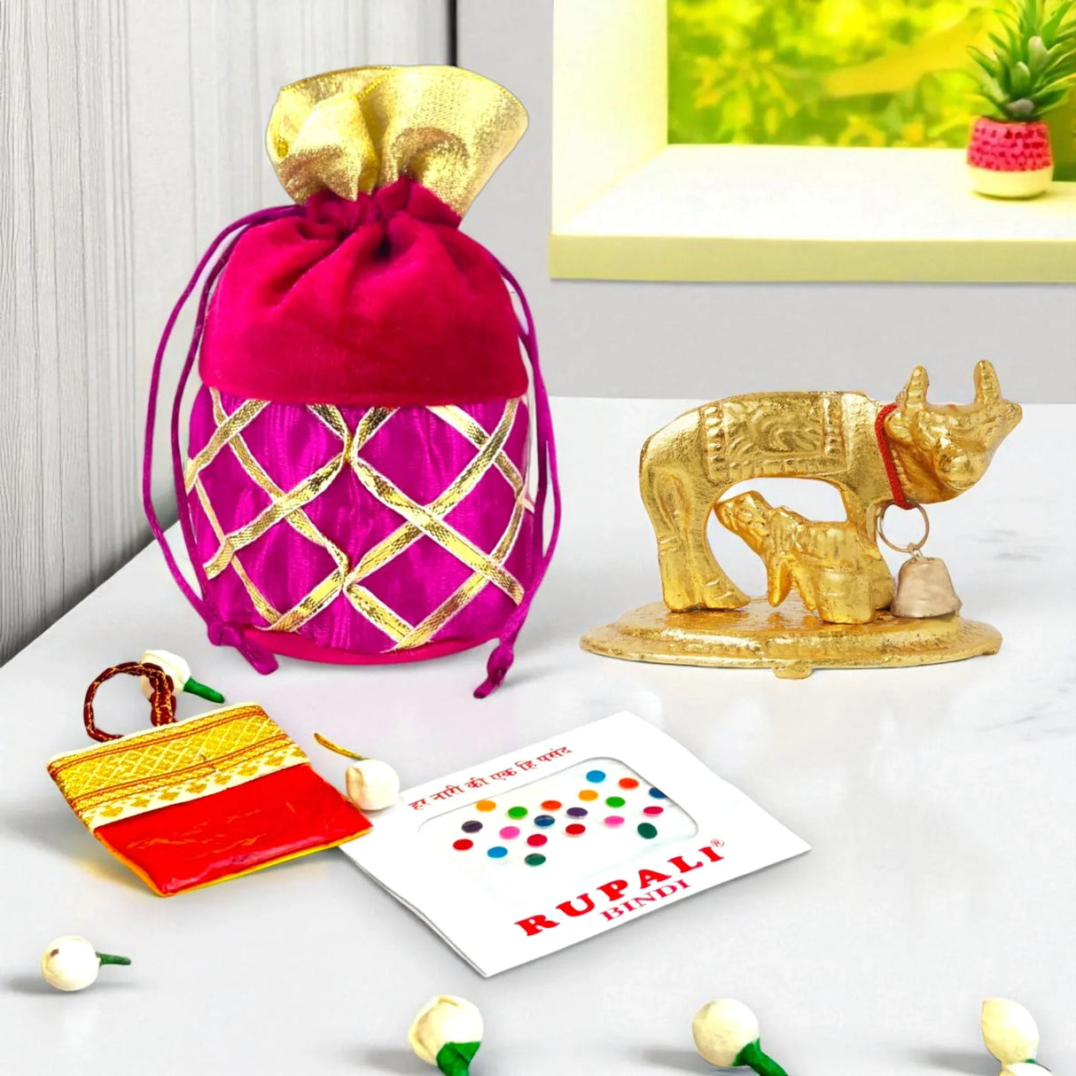 Varalakshmi Vratham Gift Hamper Navaratri Vratha Hindu Religious Teej Karva Chauth Bulk Pooja Housewarming Return Gifts - Potli Bags Haldi Kumkum Pack Kamdhenu Idol Statue Bindi - LoveNspire