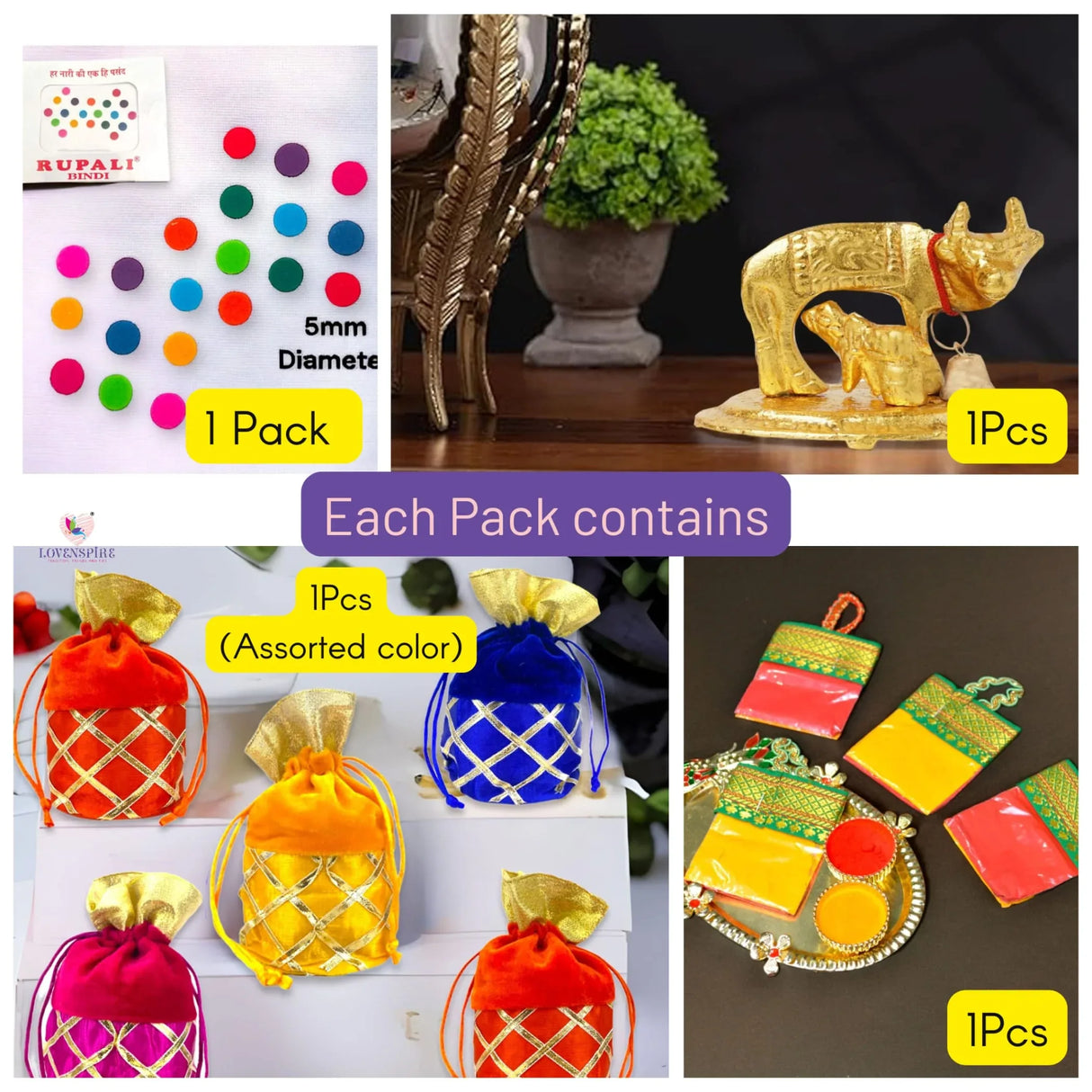 Varalakshmi Vratham Gift Hamper Navaratri Vratha Hindu Religious Teej Karva Chauth Bulk Pooja Housewarming Return Gifts - Potli Bags Haldi Kumkum Pack Kamdhenu Idol Statue Bindi - LoveNspire