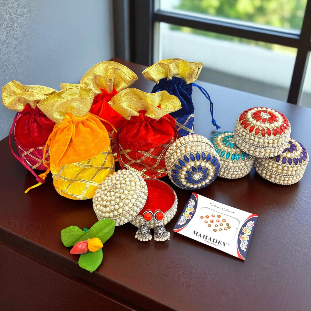 Varalakshmi Vratham Gift Hamper Navaratri Vratha Hindu Religious Teej Karva Chauth Bulk Pooja Housewarming Return Gifts - Potli Bags Haldi Kumkum Pack Earrings Bindi Pearl Box - LoveNspire