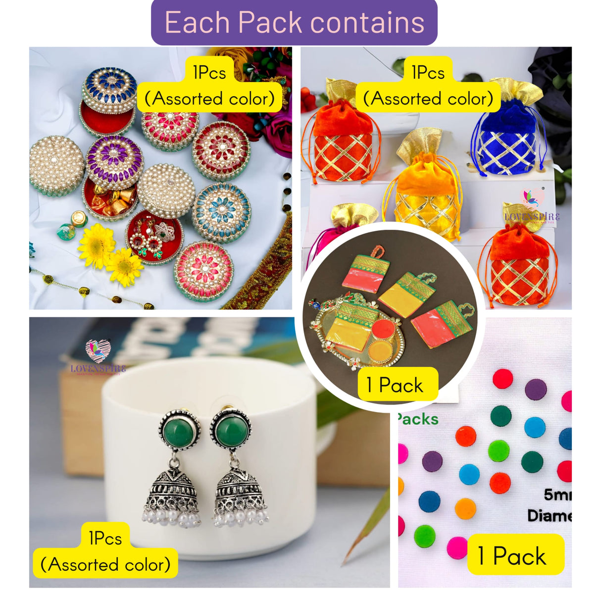 Assorted jewelry and accessories including potli bags, earrings, bindi, pearl box