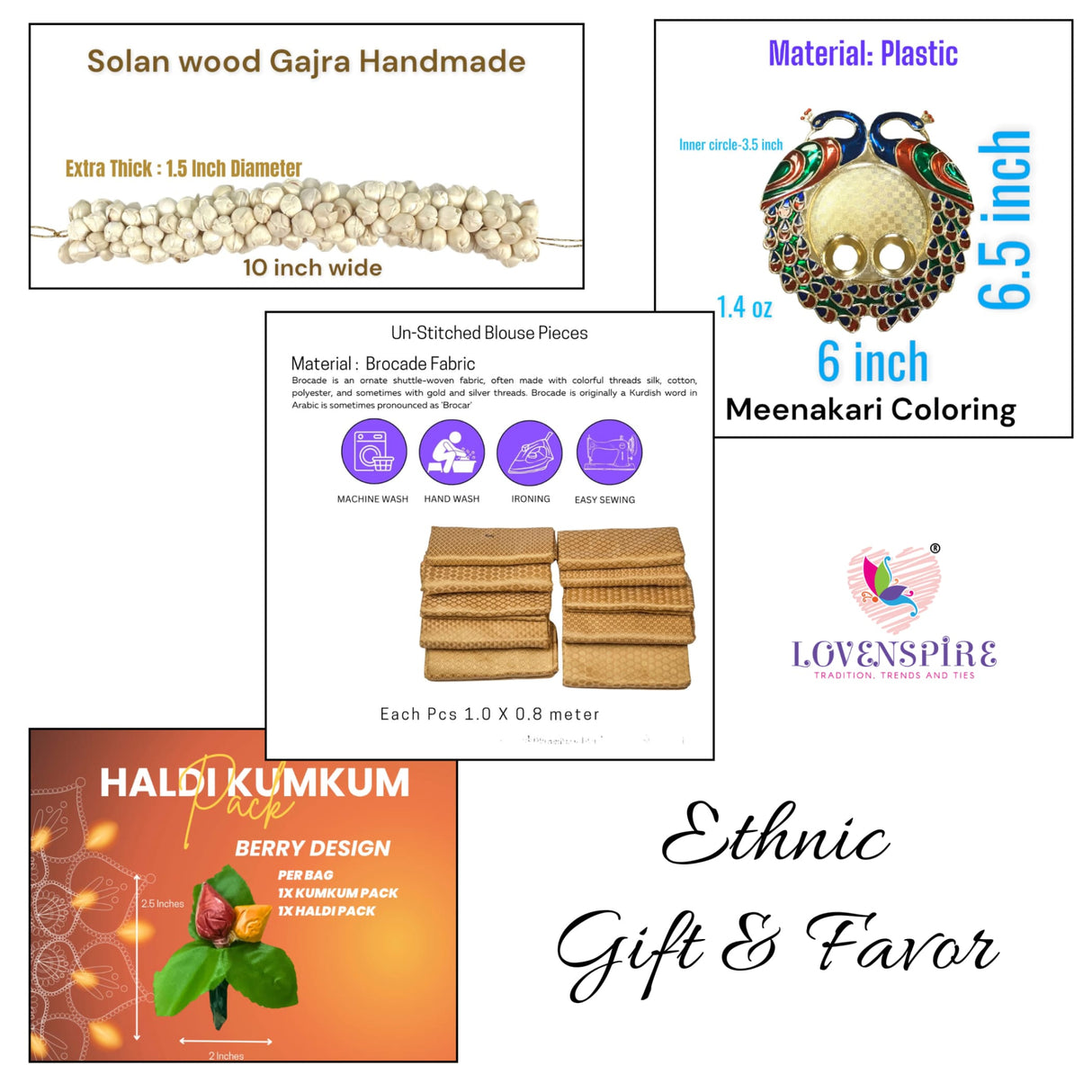 Ethnic gift items collage including Potli bags Haldi Kumkum Gajra Bindi and jewelry