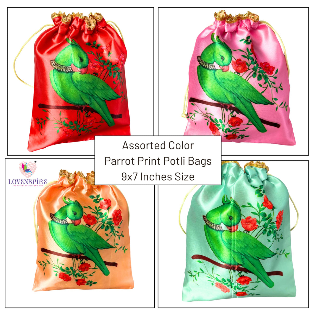 Assorted parrot print decorative potli bags for traditional Indian gifting occasions