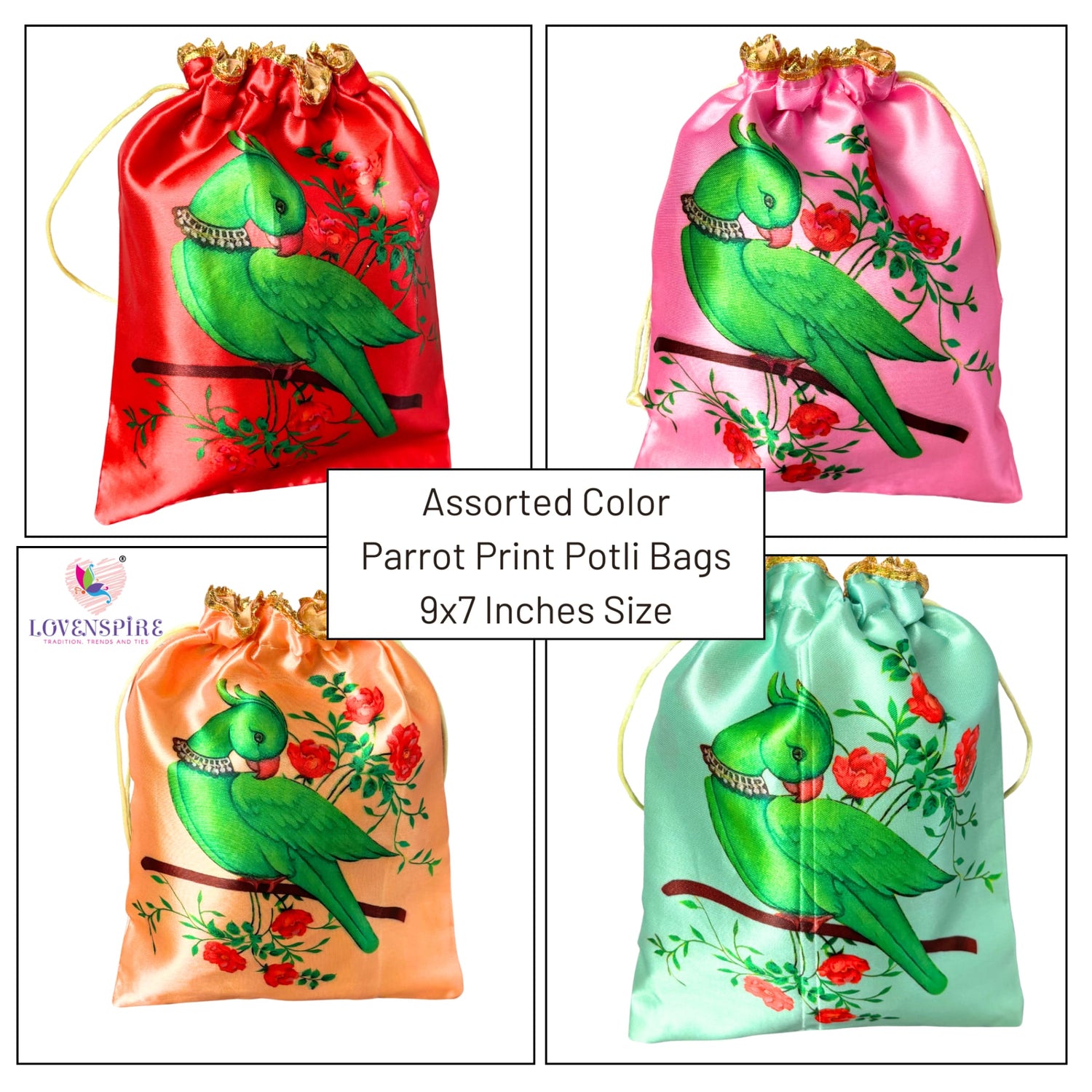 Assorted parrot print decorative potli bags for traditional Indian gifting occasions
