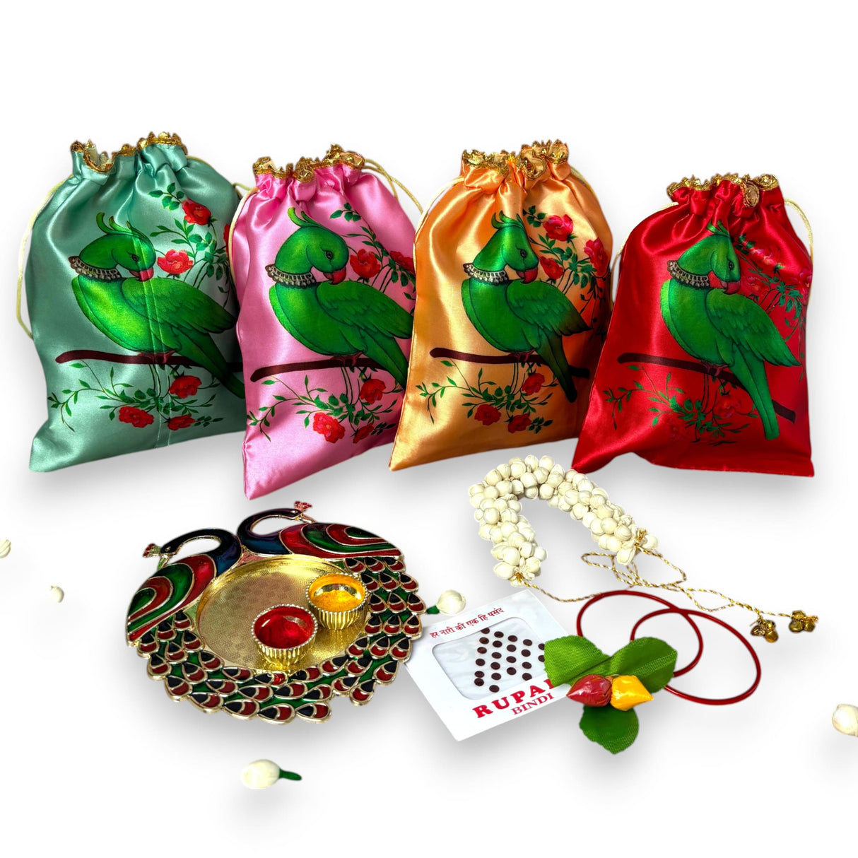 Colorful parrot-themed gift bags and decorative items for religious celebrations