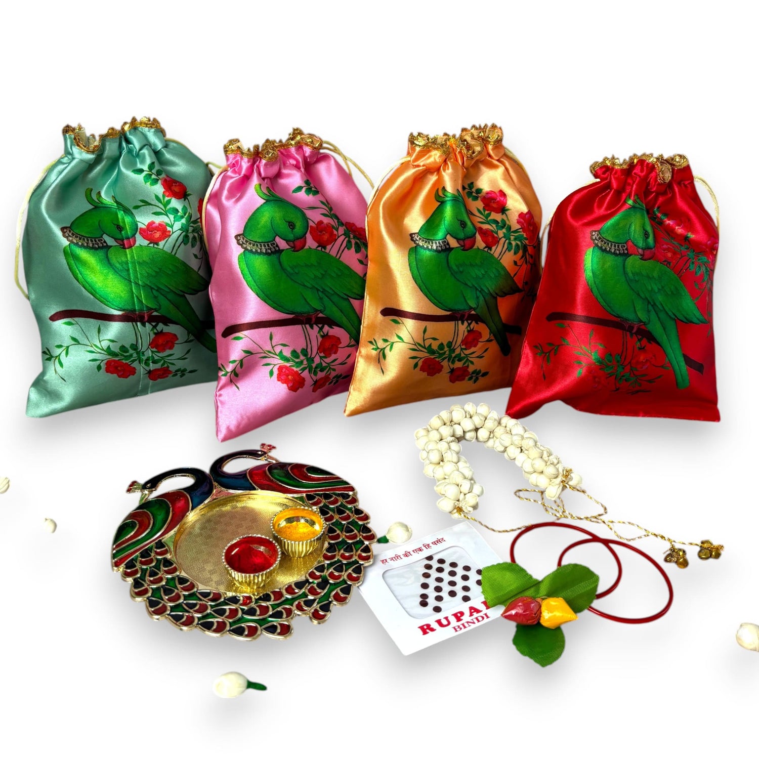 Colorful parrot-themed gift bags and decorative items for religious celebrations