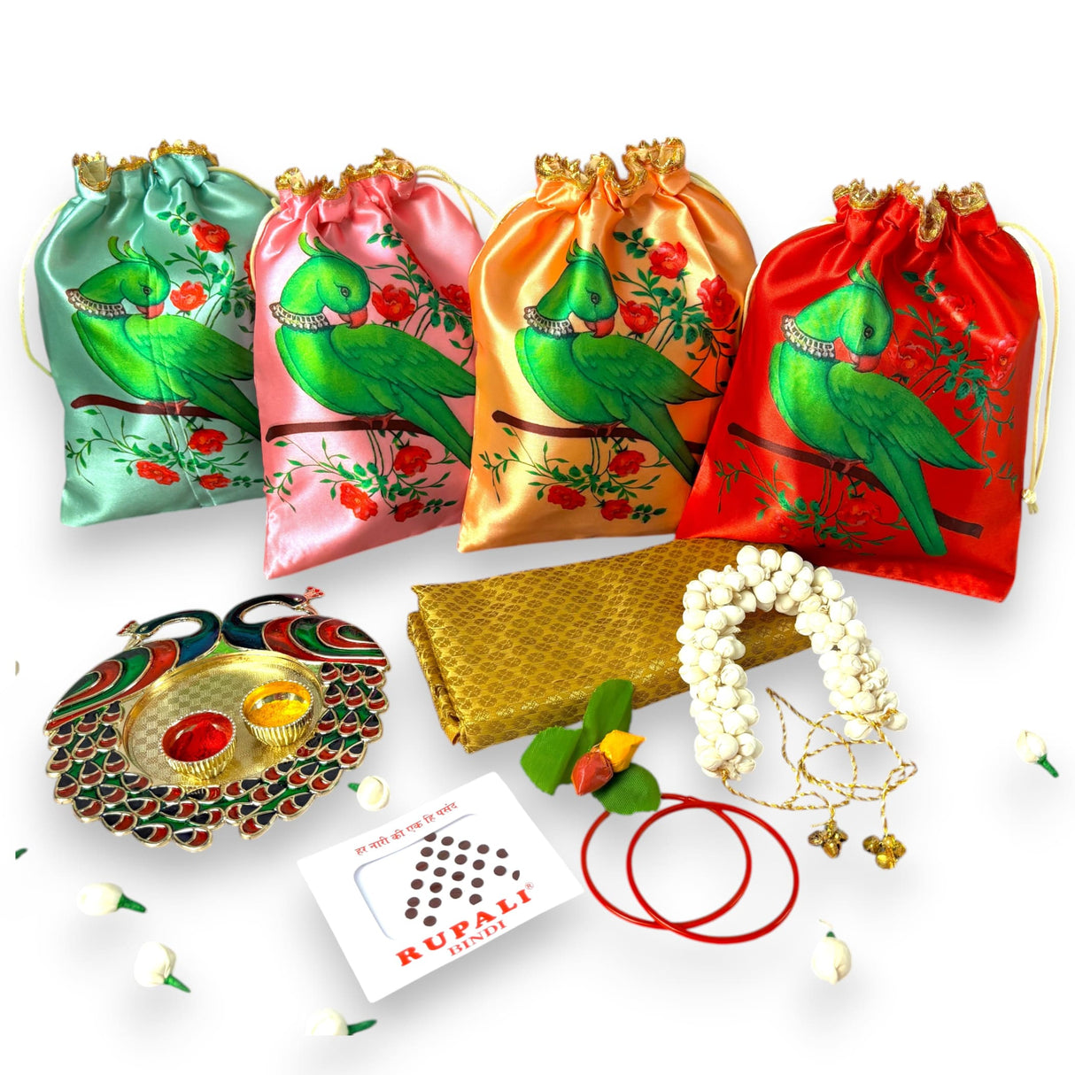 Colorful parrot-themed gift bags and Indian wedding items for Varalakshmi Vratham and Hindu rituals