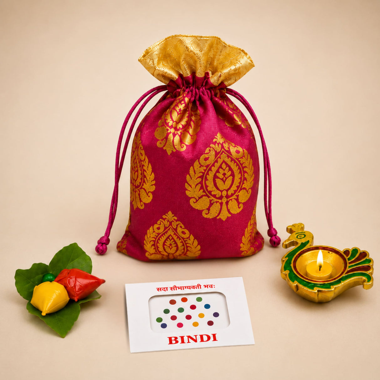 A vibrant magenta drawstring potli bag with intricate gold paisley patterns and a golden fabric top for religious gift hampers