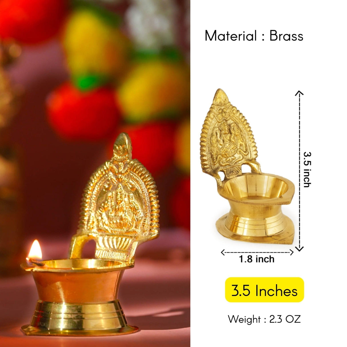 Brass oil lamp with deity for religious rituals and Navaratri celebrations