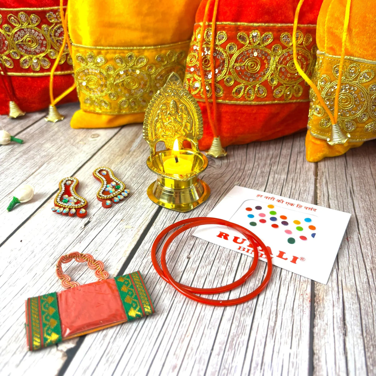 Varalakshmi Vratham Gift Hamper Navaratri Vratha Hindu Religious Teej Karva Chauth Bulk Pooja Housewarming Return Gifts - Potli Bags Haldi Kumkum Pack Kamakshi Diya Bindi Bangle Laxmi Feet - LoveNspire