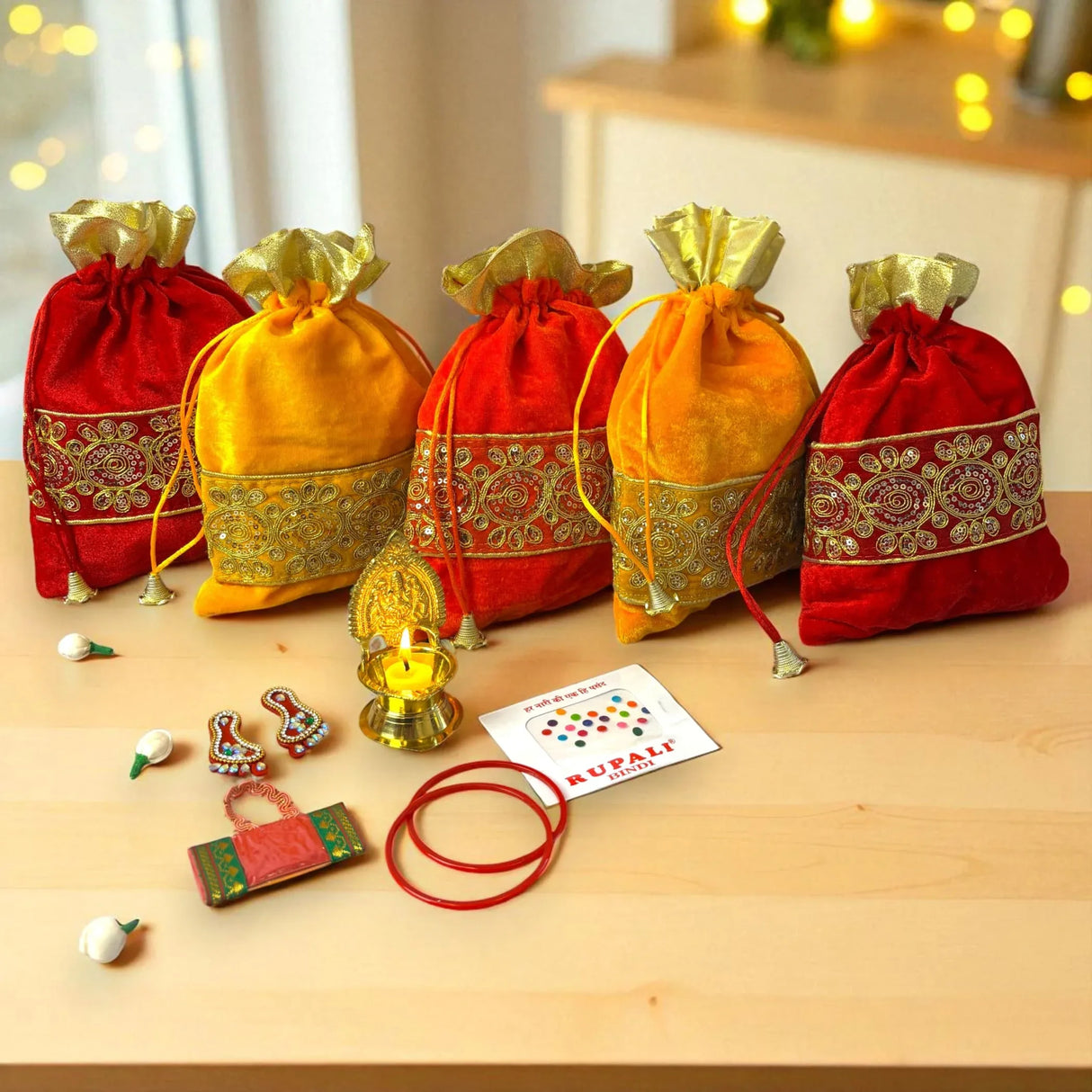 Varalakshmi Vratham Gift Hamper Navaratri Vratha Hindu Religious Teej Karva Chauth Bulk Pooja Housewarming Return Gifts - Potli Bags Haldi Kumkum Pack Kamakshi Diya Bindi Bangle Laxmi Feet - LoveNspire