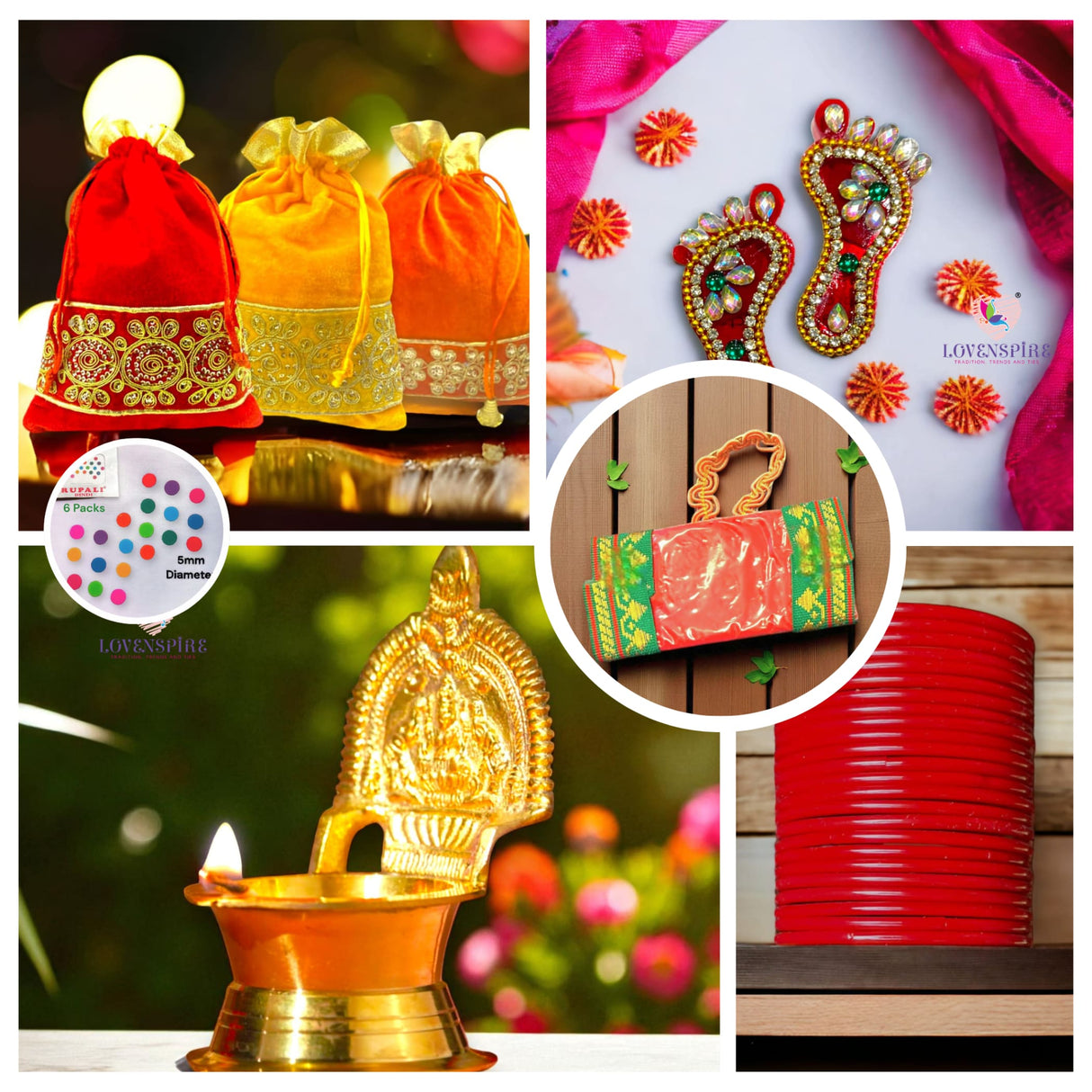 Collage of Indian cultural items including Diya, Bindi, Potli Bags, and Rakhi for festivals