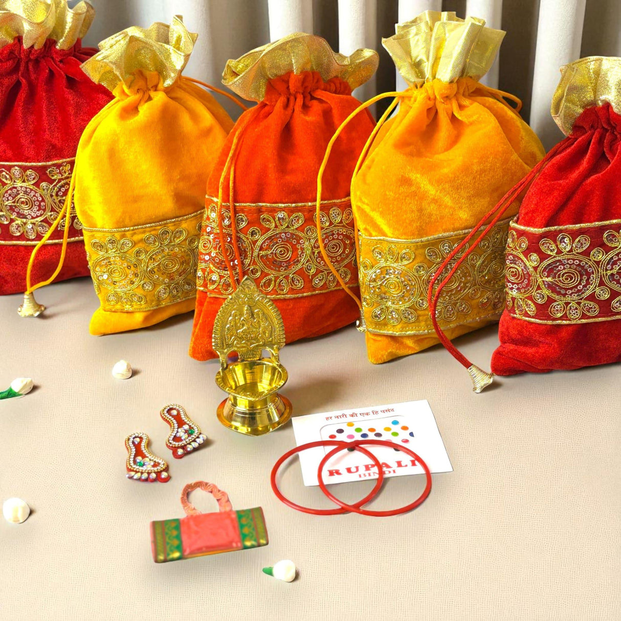 Varalakshmi Vratham Gift Hamper Navaratri Vratha Hindu Religious Teej Karva Chauth Bulk Pooja Housewarming Return Gifts - Potli Bags Haldi Kumkum Pack Kamakshi Diya Bindi Bangle Laxmi Feet - LoveNspire