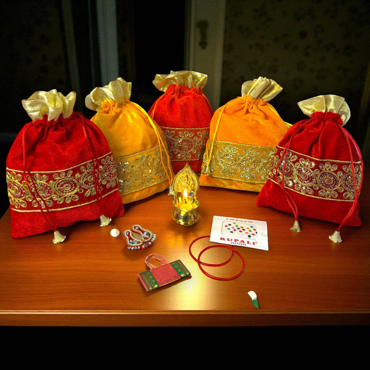 Colorful gift bags with gold trim for Varalakshmi Vratham and Hindu religious occasions